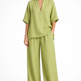 Rosalind | Conjunto de 2 piezas de lino para mujer con top de cuello en V y pantalones de pierna ancha