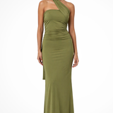 Calliope | Vestido Maxi de Cuello Alto para Mujeres con Corte en Cruz y Fruncido en Verde para Invitadas a Bodas