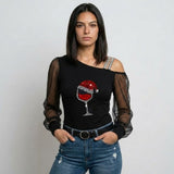 Blusa con Manga Transparente y Hombro Asimétrico para Noches Elegantes