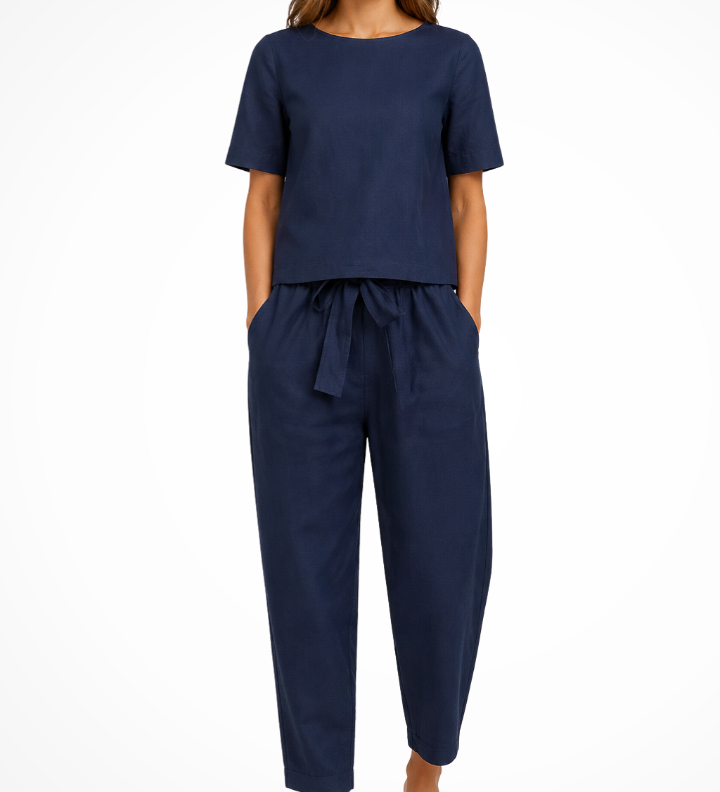 Romilly | Conjunto de Top Corto de Manga Corta y Pantalones Tapered de Lino para Mujeres