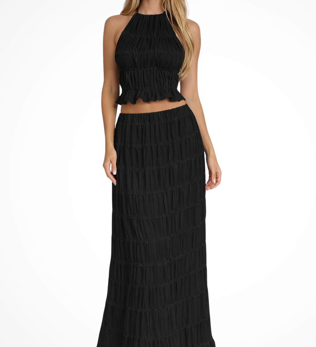 Cora | Conjunto de Top Halter Fruncido y Falda Maxi para Mujeres de 2 Piezas