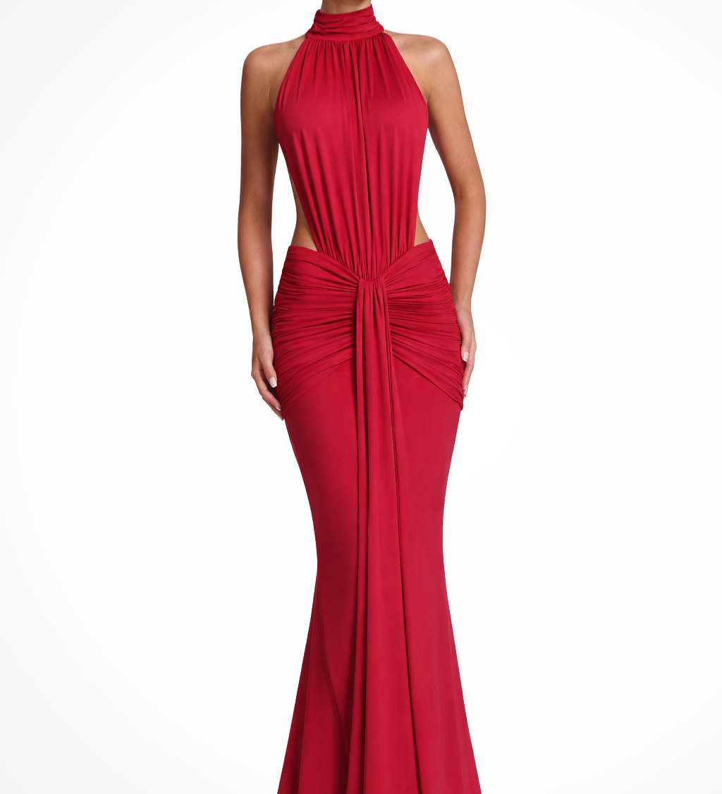 Teodora | Vestido largo de invitada de boda sin espalda con cuello halter y fruncido
