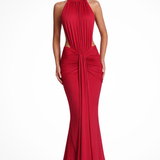 Teodora | Vestido largo de invitada de boda sin espalda con cuello halter y fruncido