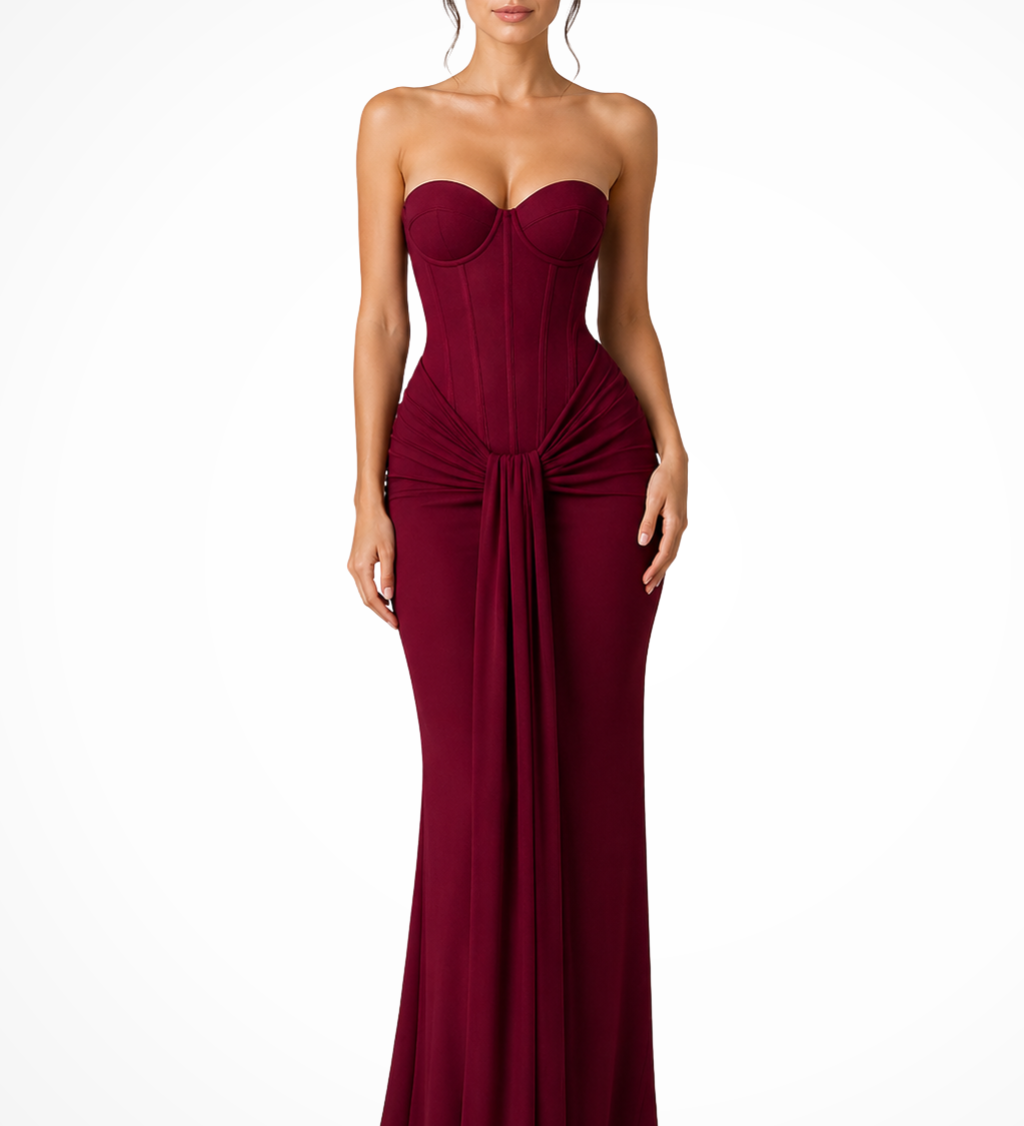 Evangeline | Corpiño de Encaje Sin Tirantes para Mujer Vestido Maxi de Invitada de Boda Drapado
