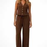 Sidonie | Chaleco de Cuello en V para Mujeres y Pantalones de Pierna Ancha de Lino Conjunto Coordinado