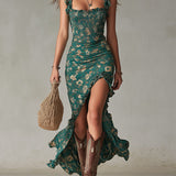 Maya™ | Vestido maxi boho retro con mangas con volantes y abertura alta