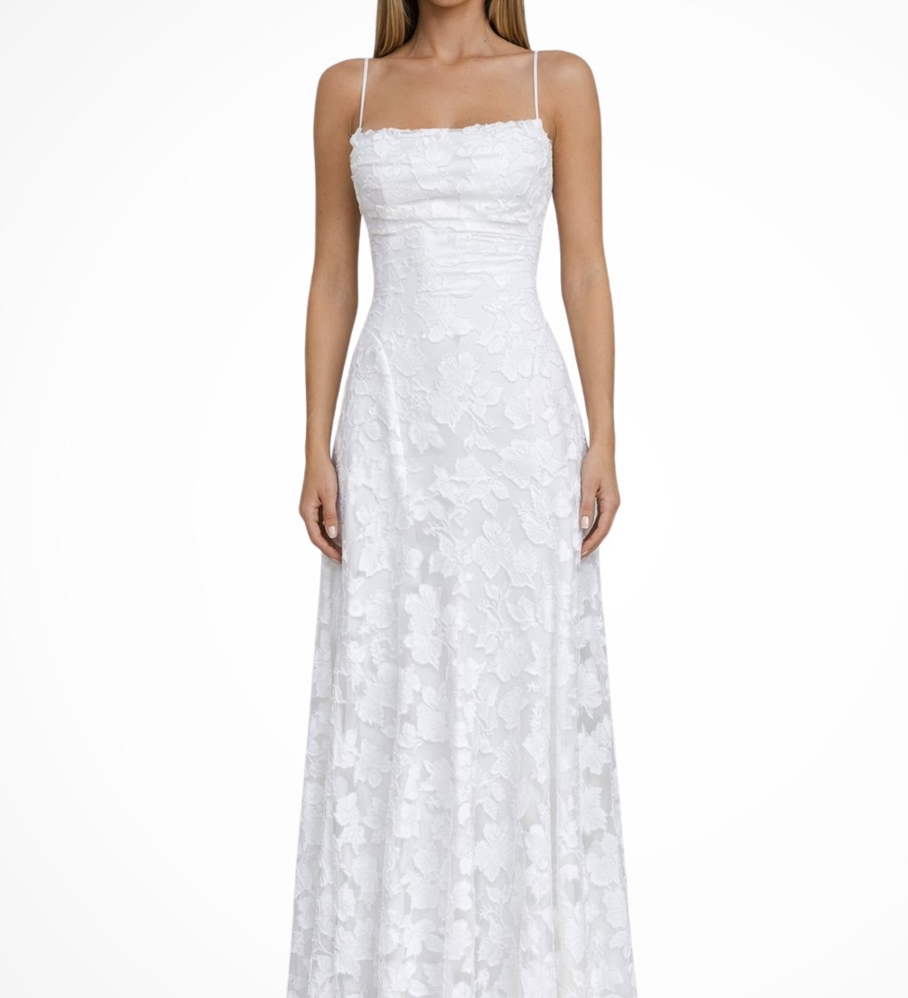 Rosa | Vestido maxi formal de mujer con tirantes de spaghetti y encaje en la parte posterior, con diseño de jacquard floral
