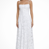 Rosa | Vestido maxi formal de mujer con tirantes de spaghetti y encaje en la parte posterior, con diseño de jacquard floral