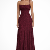 Rosa | Vestido maxi formal de mujer con tirantes de spaghetti y encaje en la parte posterior, con diseño de jacquard floral