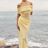 Faith | Vestido Maxi Bodycon de Malla con Hombros Descubiertos para Mujeres, Invitada de Boda