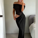Faith | Vestido Maxi Bodycon de Malla con Hombros Descubiertos para Mujeres, Invitada de Boda