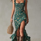 Maya™ | Vestido maxi boho retro con mangas con volantes y abertura alta