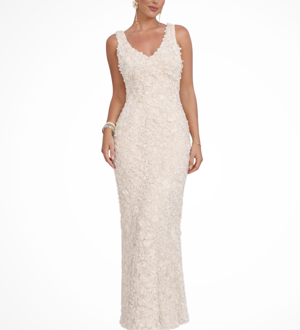 Mariah | Vestido de invitada de boda ajustado sin mangas con escote en V y textura de flores 3D
