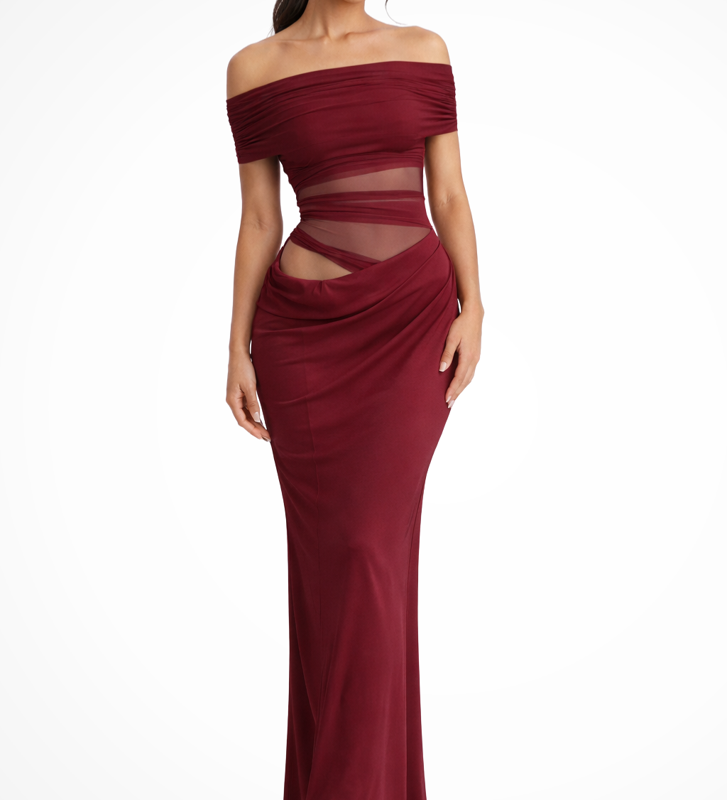 Faith | Vestido Maxi Bodycon de Malla con Hombros Descubiertos para Mujeres, Invitada de Boda
