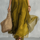 Vestido maxi bohemio verde oliva con silueta drapeada