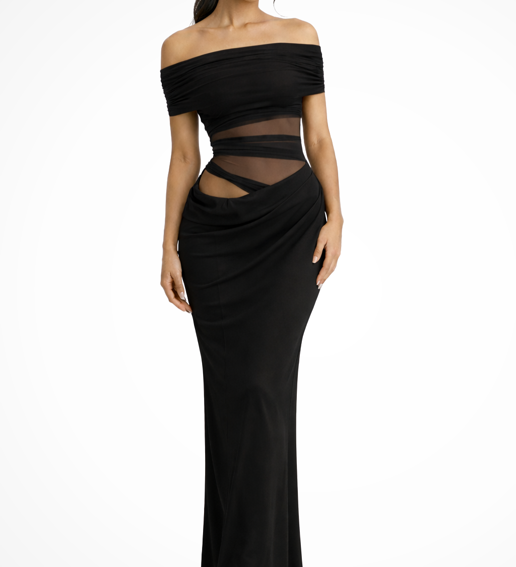 Faith | Vestido Maxi Bodycon de Malla con Hombros Descubiertos para Mujeres, Invitada de Boda