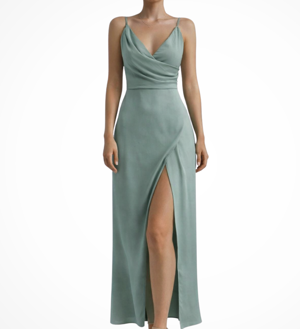 Selvara | Vestido maxi de invitada de boda para mujer con escote drapeado