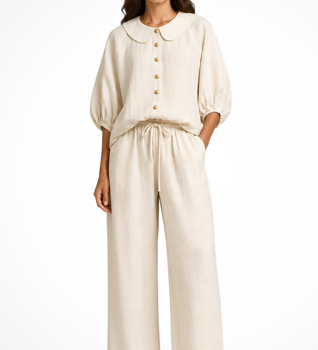 Cordelia | Conjunto de Lino para Mujeres con Blusa de Cuello Peter Pan y Pantalones de Pierna Ancha