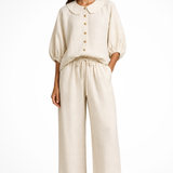 Cordelia | Conjunto de Lino para Mujeres con Blusa de Cuello Peter Pan y Pantalones de Pierna Ancha