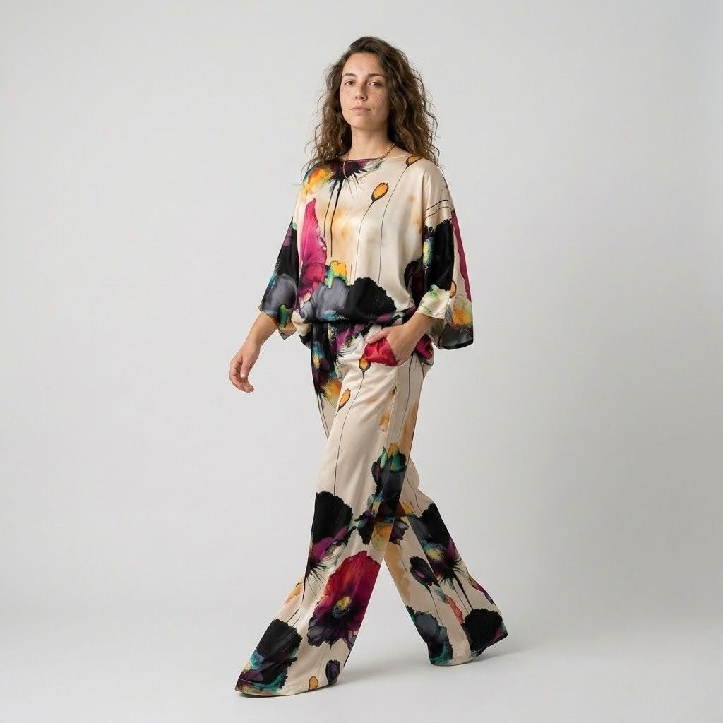 Conjunto Fluido Estampado con Blusa Suelta y Pantalón de Pierna Ancha