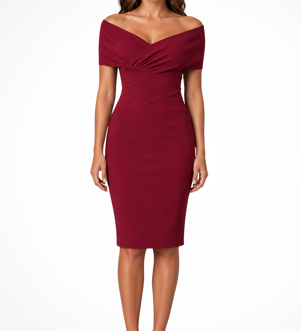Sorrel | Vestido Midi Ajustado de Novia con Hombros Descubiertos y Frente Torcido