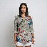 Blusa Fluida Estampada con Escote Abierto y Mangas Ajustables
