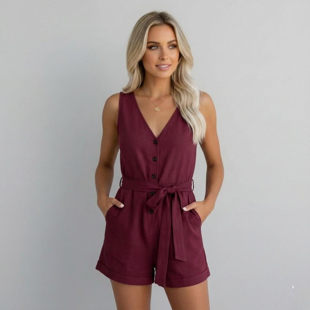 Mono femenino elegante con escote en V y cintura ajustable