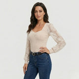 Blusa delicada de malla de algodón | Corte ajustado | Mangas de encaje