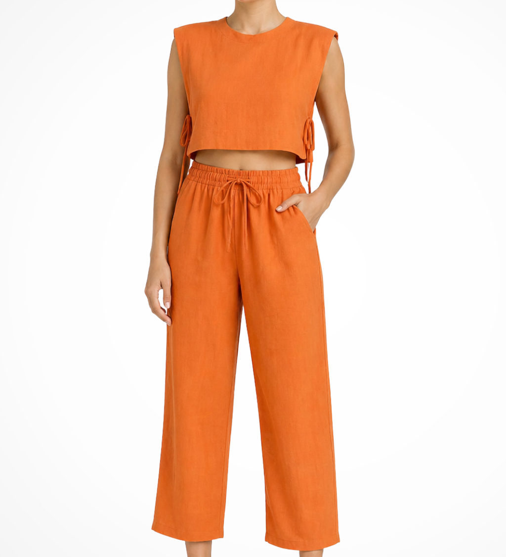 Calista | Conjunto de Top Corto Sin Mangas con Lazo Lateral y Pantalones de Pierna Ancha de Lino para Mujeres