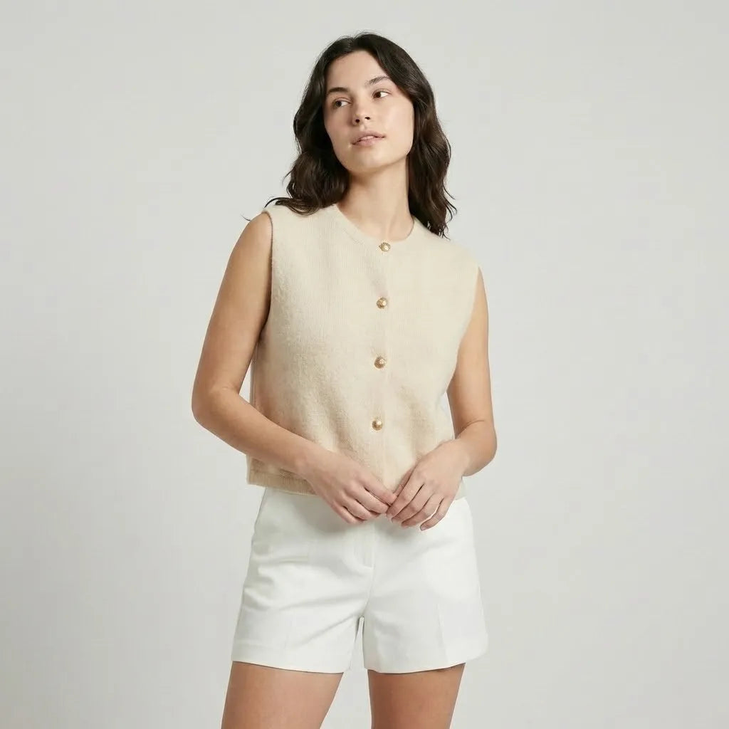 Minimalismo suave en malla | Chaleco sin mangas con botones | Elegancia casual