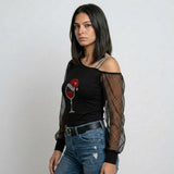 Blusa con Manga Transparente y Hombro Asimétrico para Noches Elegantes
