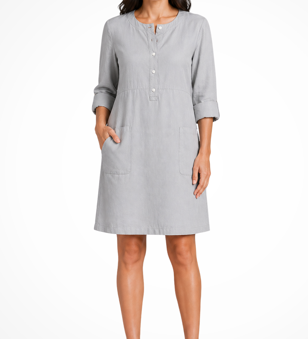 Claudette | Vestido de camisa de lino para mujer con mangas largas y bolsillos frontales