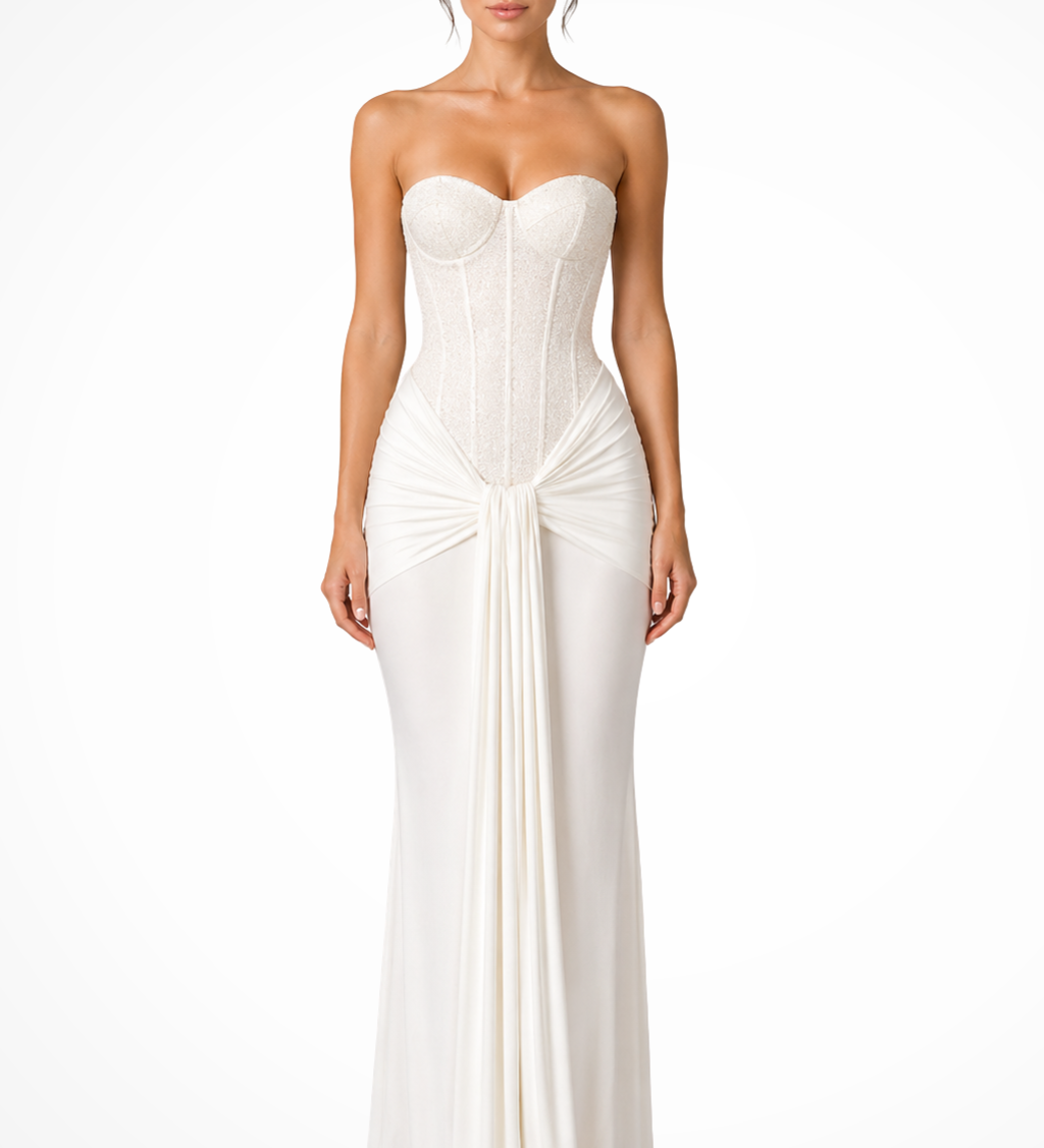 Evangeline | Corpiño de Encaje Sin Tirantes para Mujer Vestido Maxi de Invitada de Boda Drapado