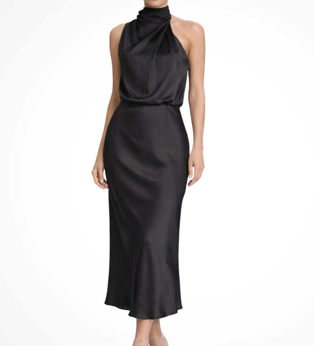 Amelina | Vestido Midi de Cuello Halter para Mujer en Satén para Invitadas de Boda