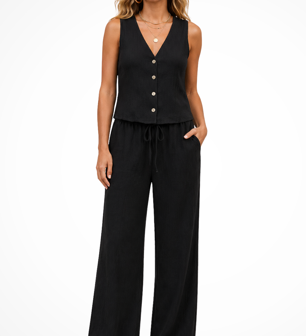 Sidonie | Chaleco de Cuello en V para Mujeres y Pantalones de Pierna Ancha de Lino Conjunto Coordinado