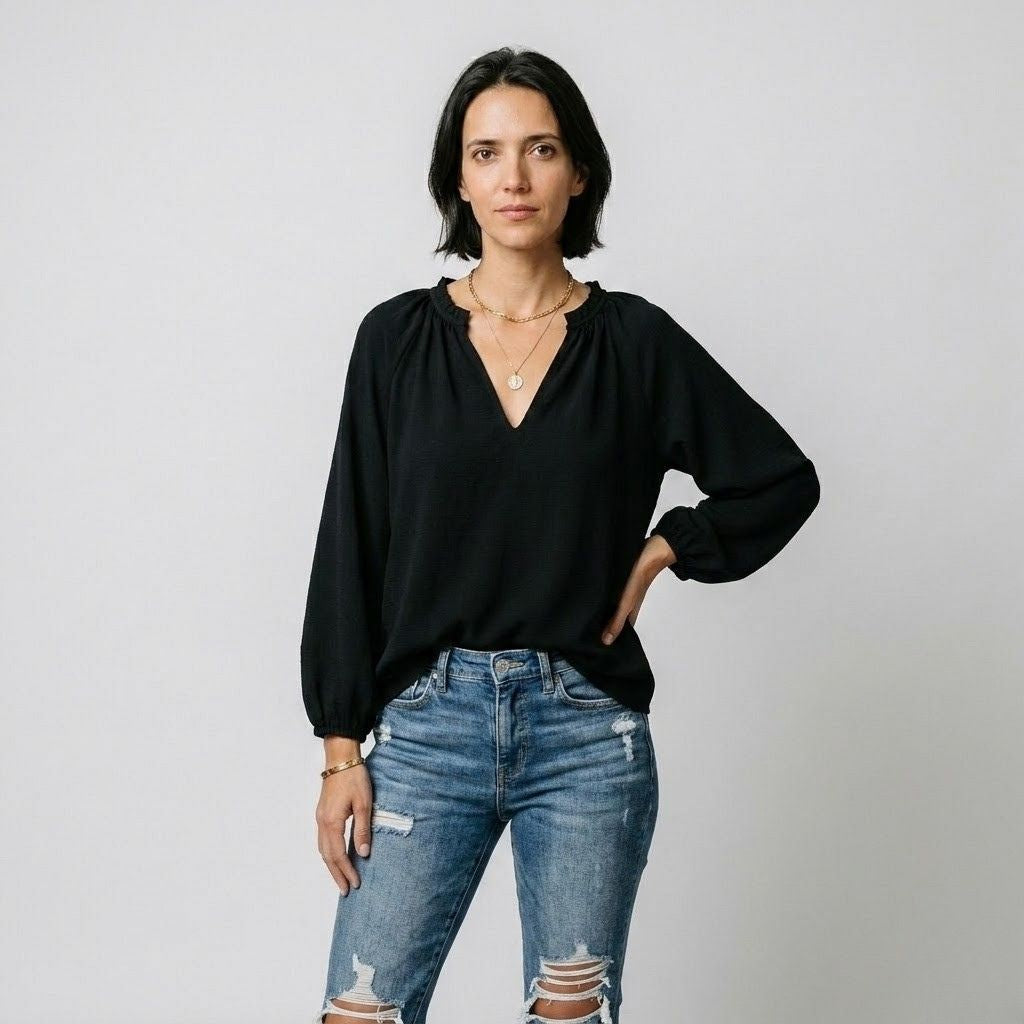 Blusa Fluida con Escote en V y Manga Larga para Elegancia Natural
