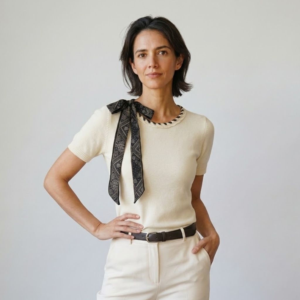 Camiseta de Punto Ajustada con Manga Corta y Detalle Elegante en el Escote