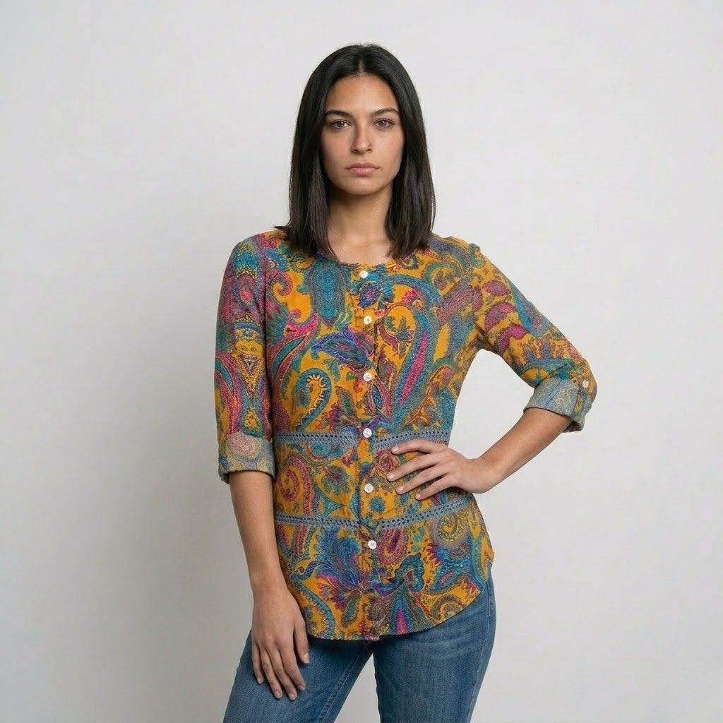 Blusa Fluida Estampada con Botones Frontales y Caída Ligera