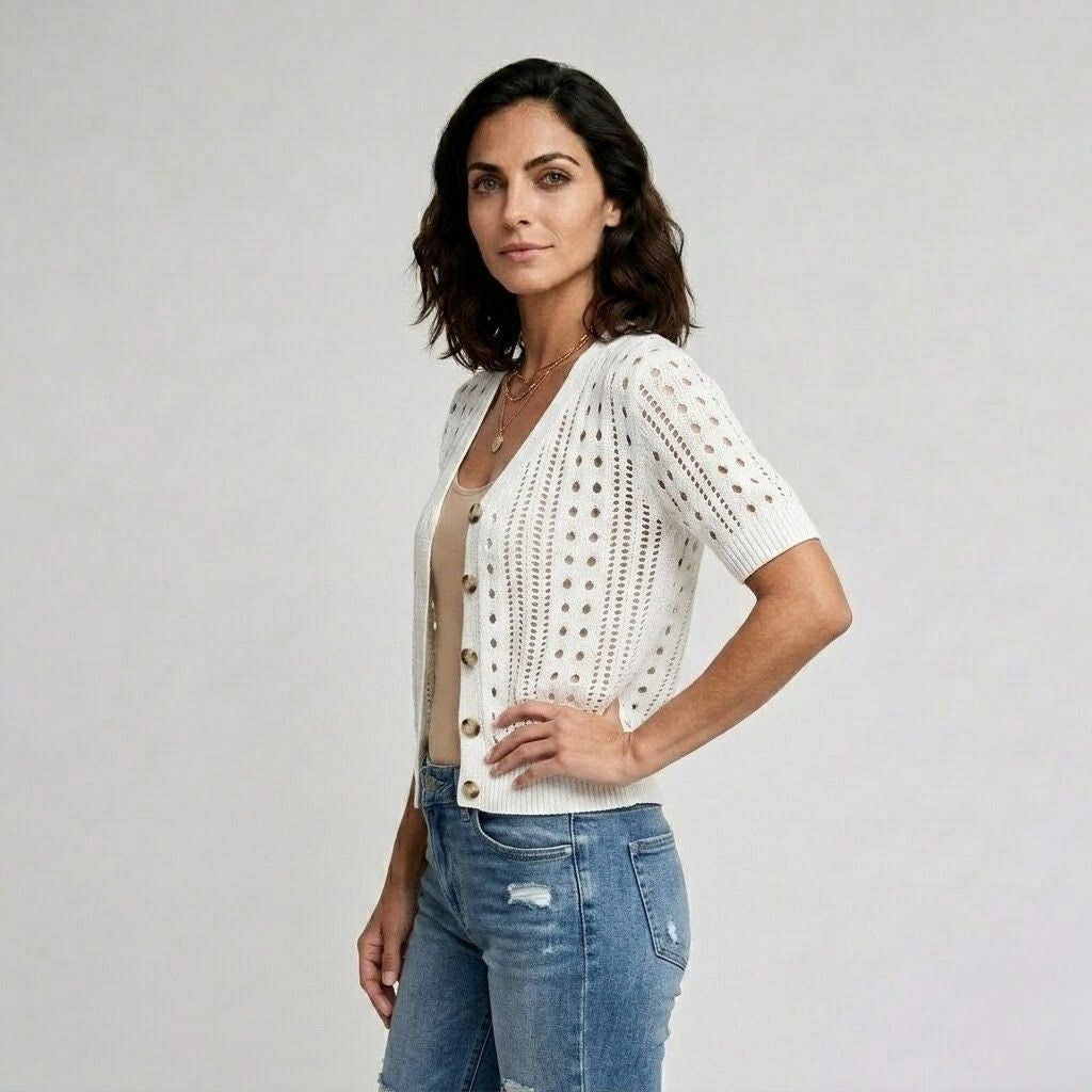 Cardigan Corto de Tejido Perforado con Botones para Look Ligero