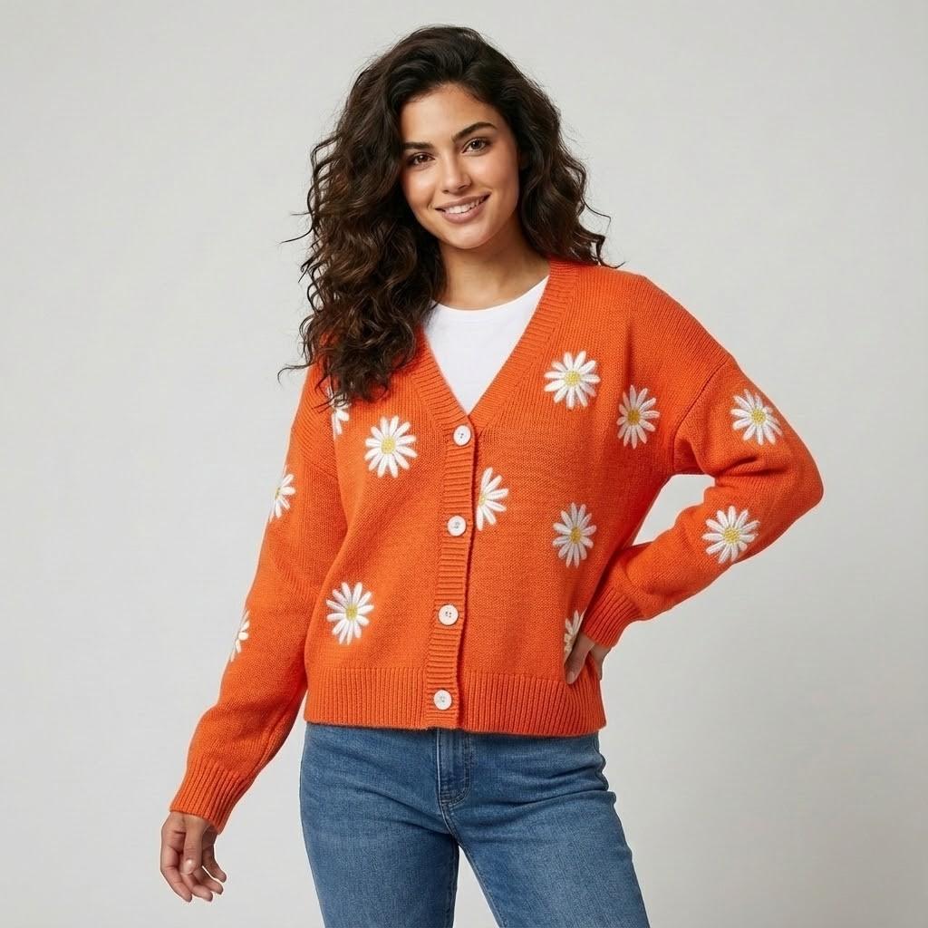 Cardigan Femenino de Punto con Botones y Patrón Floral