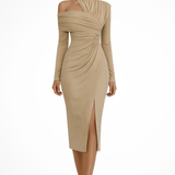 Delphina | Vestido midi de invitada de boda asimétrico de un solo hombro para mujer