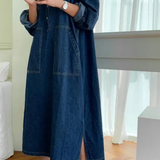 Margot | Vestido maxi de mezclilla para mujer de talla grande con mangas largas y cuello