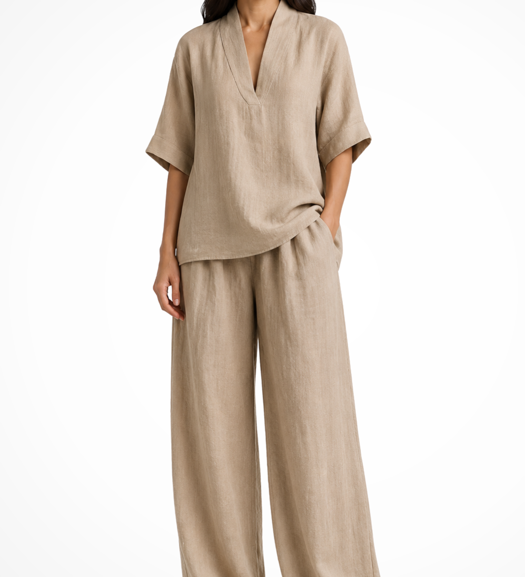 Rosalind | Conjunto de 2 piezas de lino para mujer con top de cuello en V y pantalones de pierna ancha