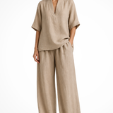 Rosalind | Conjunto de 2 piezas de lino para mujer con top de cuello en V y pantalones de pierna ancha
