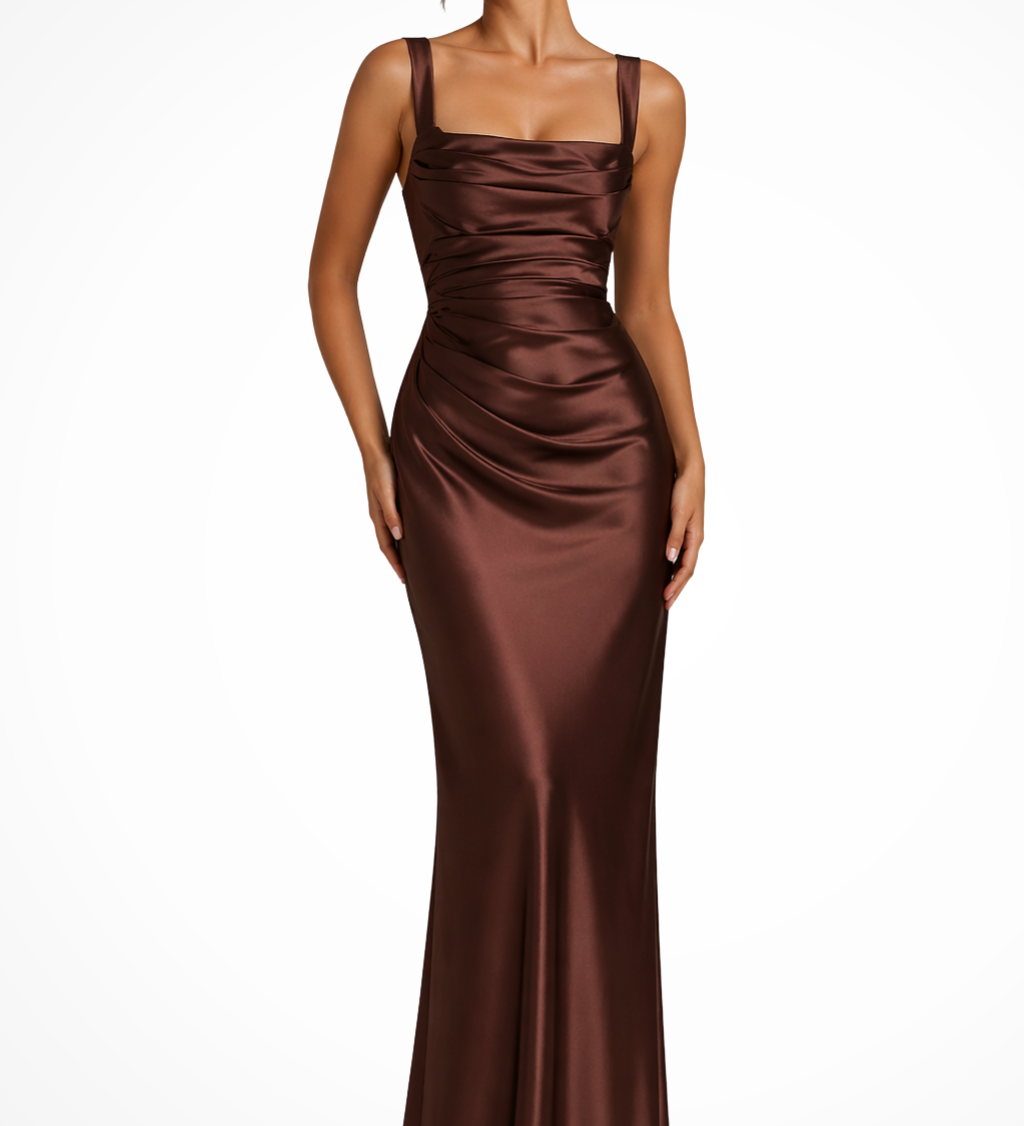 Vivienne | Vestido largo de satén con escote cuadrado y fruncidos para invitadas de boda