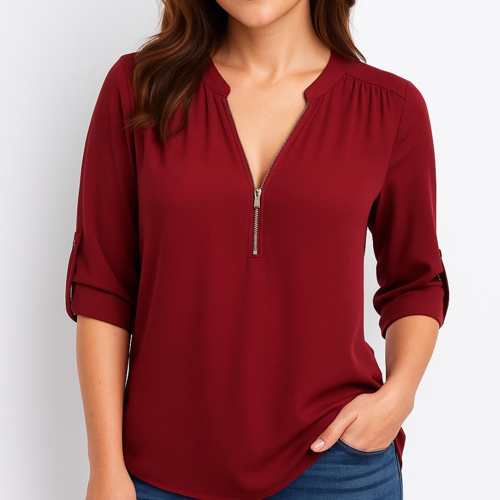 Blusa femenina fluida con escote en V y mangas dobladas