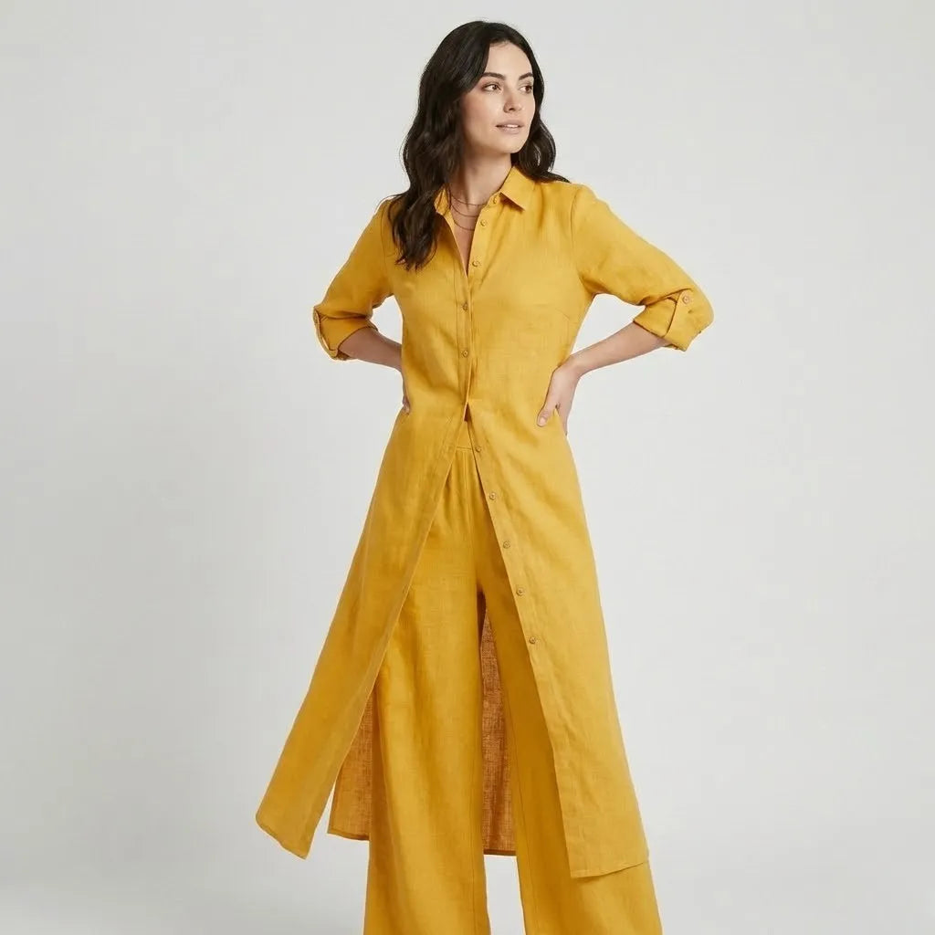 Conjunto fluido en mezcla natural | Camisa larga y pantalones anchos | Elegancia ligera y atemporal