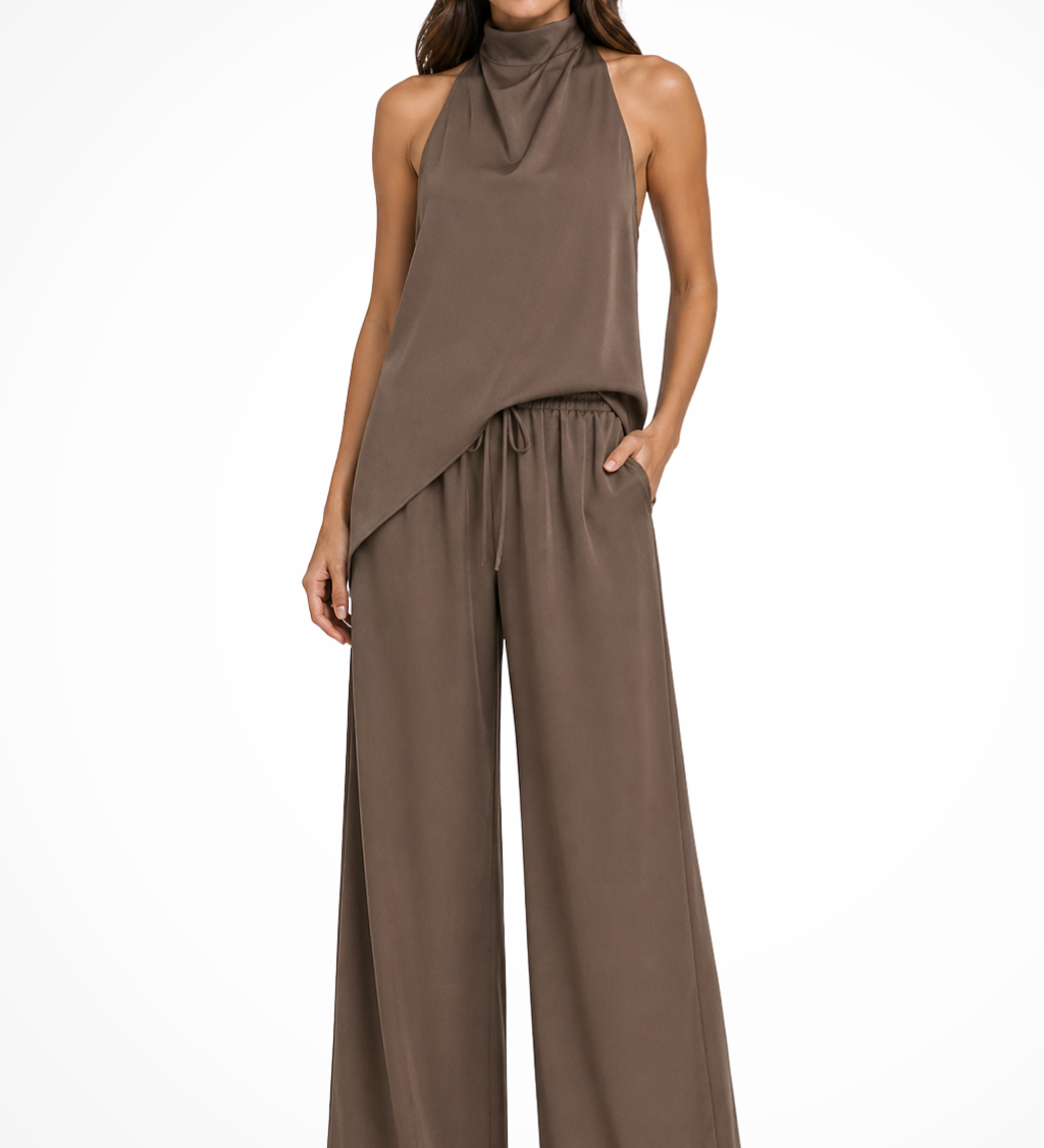 Saoirse | Conjunto de Top de Cuello Halter y Pantalones de Pierna Ancha para Mujeres
