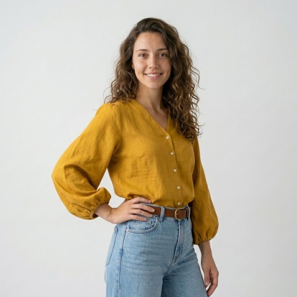 Blusa Fluida con Escote en V y Mangas Amplias Elegantes