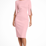 Mariah | Vestido midi de cuello redondo para mujer con mangas abiertas y perlas para bodas